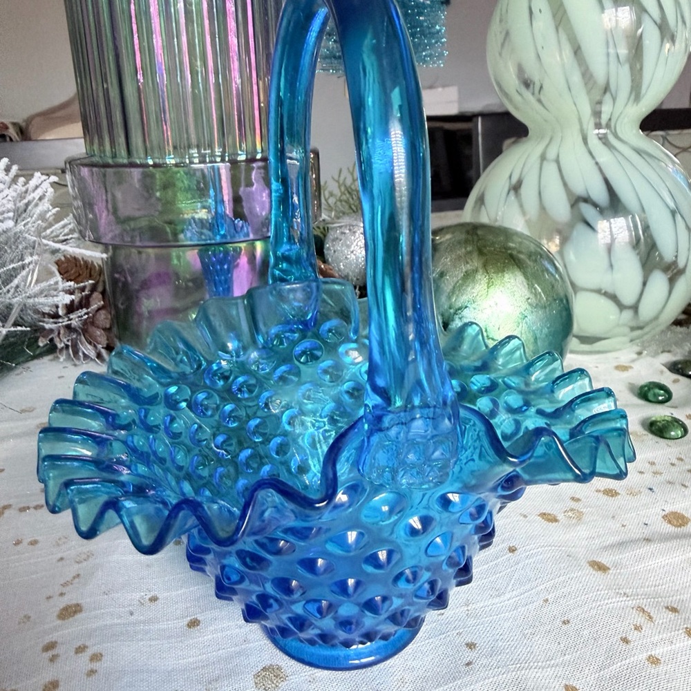 Fenton Vibrant Blue Hobnail Glass Basket EUC